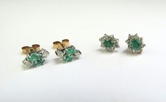 Two pairs of emerald and diamond earrings, 9ct, 2.1g