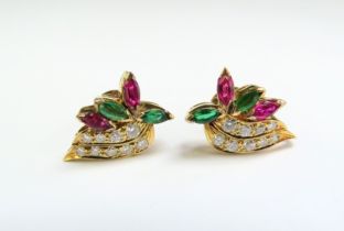 A pair of diamond, ruby and emerald earrings, backs stamped 18k, 5g