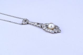 An Art Deco diamond pendant necklace, the drop set with a single pearl, unmarked white metal, 42cm