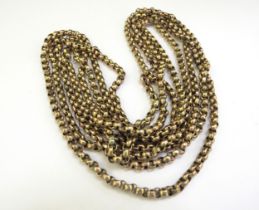 A gold guard chain, one link stamped 9c, 160cm long, 33.5g