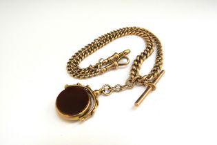 A 9ct gold watch chain with T-bar hung with a bloodstone and cornelian swivel fob, 41cm long, 40.