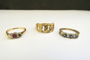 Three rings all a/f, including 9ct gold ring , cut. A 9ct gold sapphire and diamond ring with one