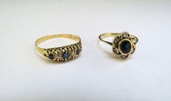 An 18ct gold sapphire and diamond ring, size S, 2g and a sapphire and diamond cluster ring, size