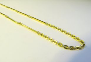 An 18ct gold necklace with long bar and link design, 82cm long, 45g