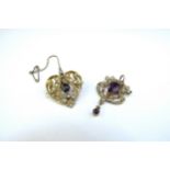 A sapphire and seed pearl brooch/pendant of heart form and an amethyst and seed pearl pendant with