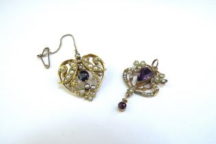 A sapphire and seed pearl brooch/pendant of heart form and an amethyst and seed pearl pendant with
