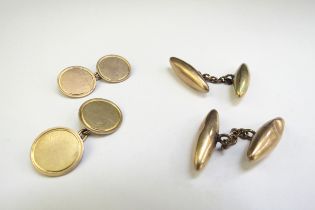 A pair of 9ct gold circular cufflinks and a pair of unmarked torpedo shape cufflinks, 8.4g