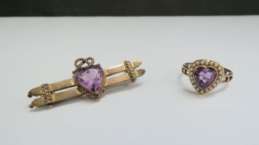 An amethyst and seed pearl ring as a heart. Size O, and a similar bar brooch with amethyst