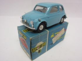 A Triang Spot-On 185 diecast model Fiat 500 in light blue, white interior with black plastic