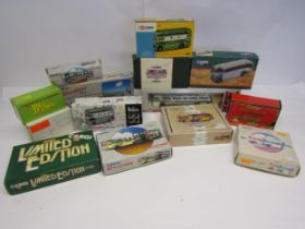 Twelve assorted boxed Corgi diecast model buses and sets including 35006 The Beatles Collection
