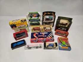 A group of boxed diecast vehicles including Lledo, Mobil, Matchbox, Vanguards etc