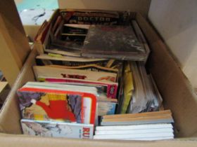 A box of mixed comic related books, magazines and ephemera including Blue Peter, Rupert bear, Comics