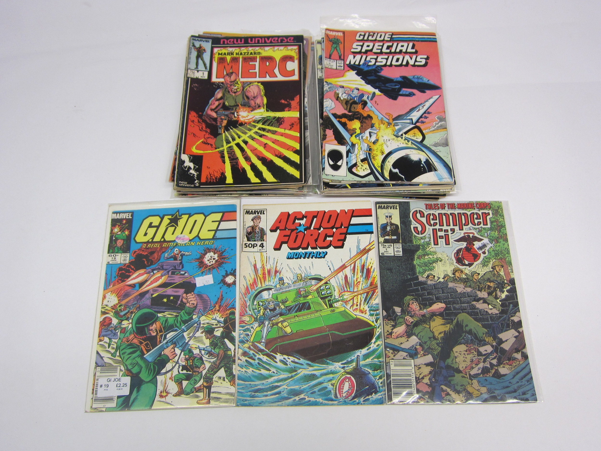 A collection of Marvel military related comics including 'GI Joe', 'Mark Hazzard: Merc', 'Sgt.