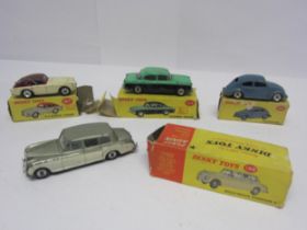Four Dinky Toys playworn diecast cars to include 181 Volkswagen Beetle, 167 A.C. Aceca, 198 Rolls-