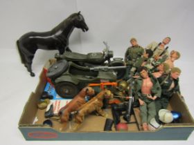 Seven vintage Palitoy Action Man action figures, six of which with flock hair (one with balding to