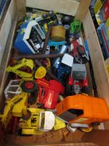 A box of mostly farm related diecast vehicles including Corgi, KidCo, Britain's Ltd etc.