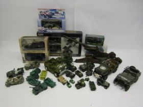 Assorted boxed and loose playworn diecast, plastic and other military vehicles including Corgi