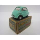 A Triang Spot-On 118 diecast model BMW Isetta in turquoise with cream interior, in original blue