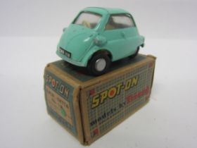 A Triang Spot-On 118 diecast model BMW Isetta in turquoise with cream interior, in original blue