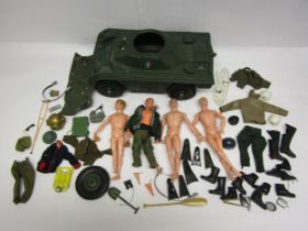 Three vintage playworn Palitoy Action Man action figures, a Pedigree Tommy Gunn action figure,