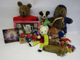 A collection of assorted character soft toys including Viyella mouse, two Paddington style bears
