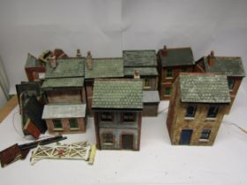 Three weathered plastic model garden railway lineside buildings including church (50cm tall),