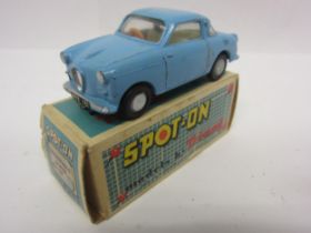 A Triang Spot-On 131 diecast model Goggomobile Super in light blue with cream interior and orange
