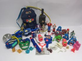 A collection of vintage The Real Ghostbusters figures, weapons and parts including Proton Pack,