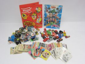 Mixed toys and collectables including playworn diecast vehicles, trade cards, Fina Thunderbirds coin