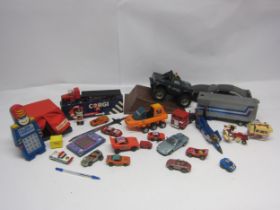 Assorted playworn vintage toys including Transformers, Gakken 'Tom & Jerry Popper' LCD game (missing