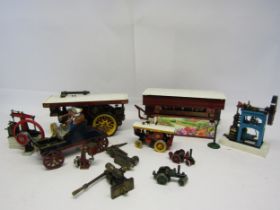 A group of scratch built metal models including showman's engine and Gavioli organ trailer,