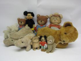 Assorted soft toys including Pedigree teddy bear, Merrythought pigs, Chad Valley lamb, Knickerbocker