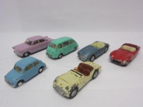 Six playworn Triang Spot-On diecast model cars to include 185 Fiat 500 in blue, 105 Austin Healey in