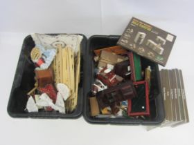 Two boxes of assorted dolls house furniture and accessories including boxed wood craft assembly kits