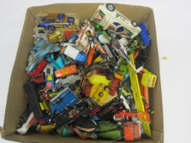 A box of assorted playworn diecast vehicles including Corgi Batmobile, Dinky, Matchbox etc