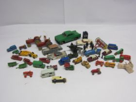 Assorted playworn diecast vehicles including Dinky, Corgi, Lesney Matchbox Series, Benbros, tinplate