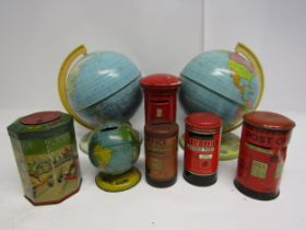 Two tinplate globes, four novelty tinplate money boxes and one ceramic example and a racing car