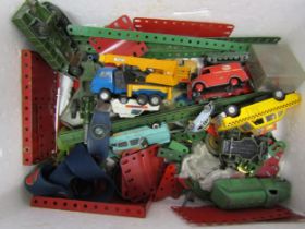 A box of playworn Dinky, Matchbox Series and other diecast vehicles and Meccano spares