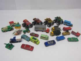 A collection of loose and playworn diecast vehicles including Lesney Matchbox Series, Majorette