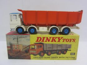 A boxed Dinky Toys diecast 925 Leyland Dump Truck with Tilt Cab, blue and white cab with pale blue
