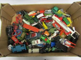 A large box of mixed playworn diecast vehicles including Matchbox Super Kings K39 Snorkel Fire