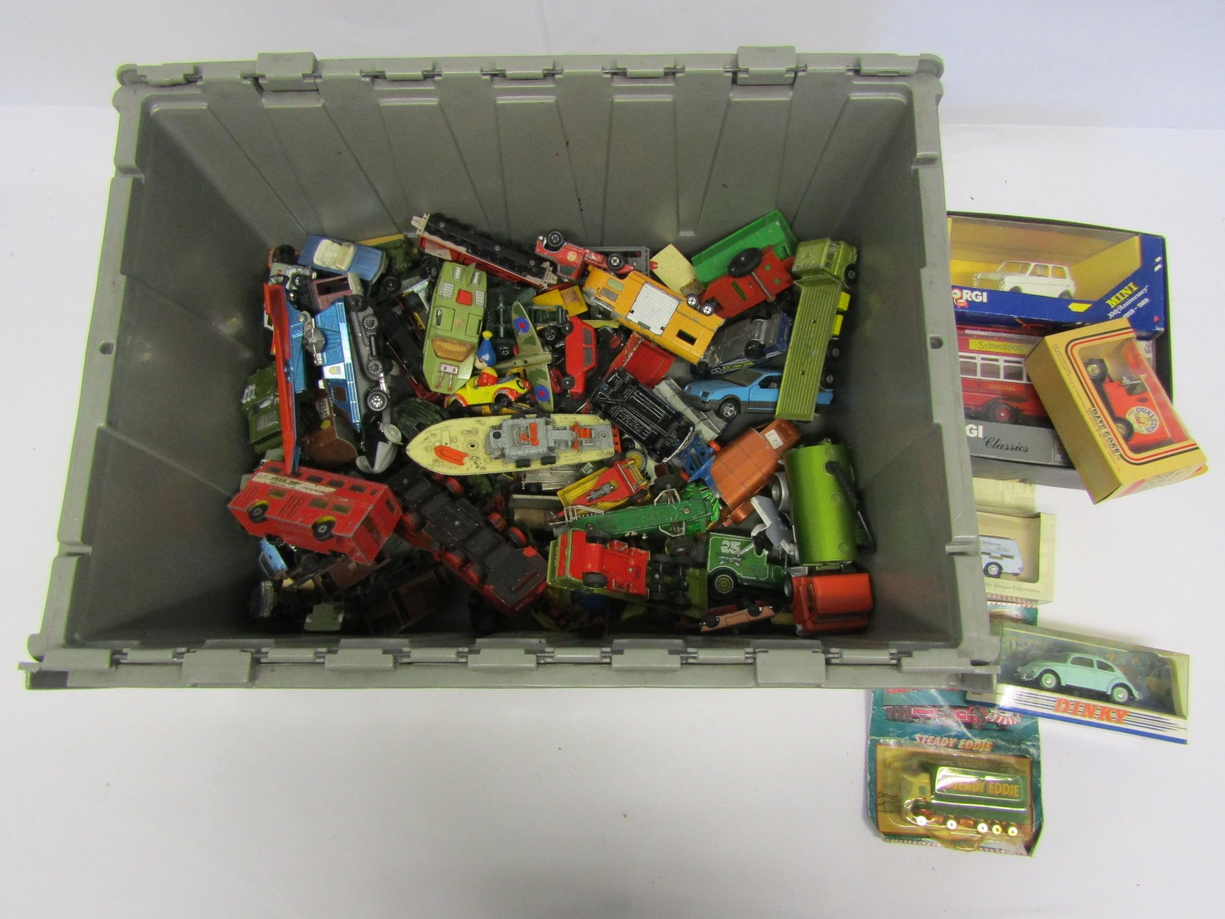 A large box of mixed playworn diecast vehicles including Matchbox Super Kings Adventure 2000 K2006