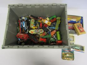 A large box of mixed playworn diecast vehicles including Matchbox Super Kings Adventure 2000 K2006