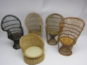 Five wicker dolls chairs including peacock chairs (5)