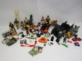 A collection of playworn 1980s action figures, vehicles, accessories and spares including Galoob A