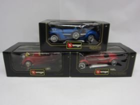 Three boxed Burago 1:18 scale diecast model cars to include Alfa Romeo 8C 2300 Monza (1931),