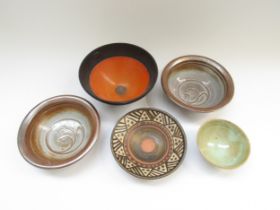 Five studio pottery bowls, various makers. Largest 17cm diameter x 8.5cm high
