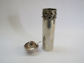A Brutalist silver plated cylindrical vase with textured and pierced collar, 18.5cm high, together