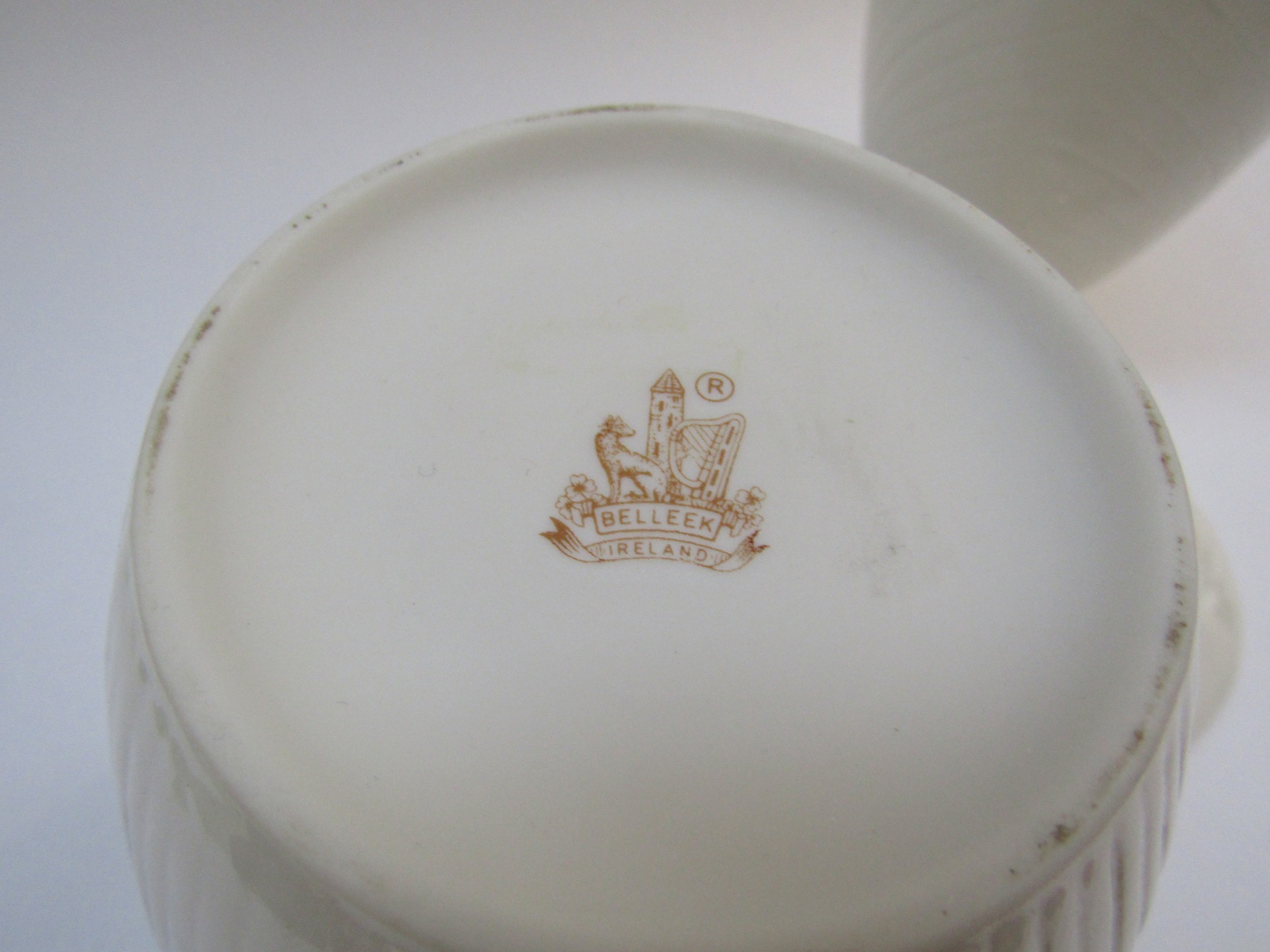 A pair of Belleek porcelain lidded canisters, c1980's mark, 23cm high - Image 3 of 3