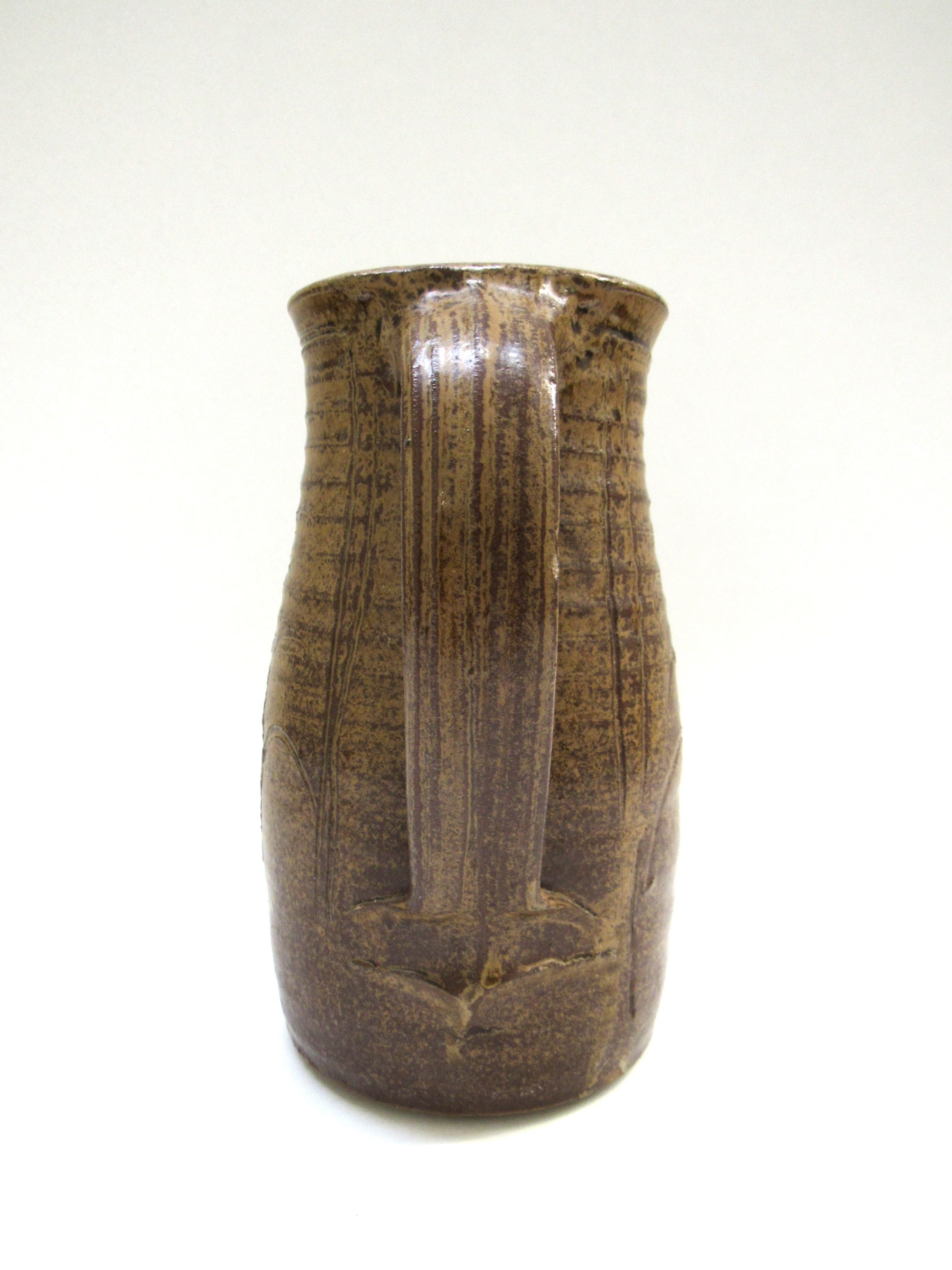 A studio pottery jug in the Leach tradition, incised detail in mottled brown glaze. Incised mark - Image 5 of 5